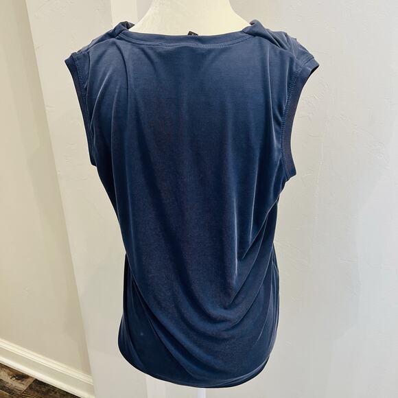 BCBG MAX AZRIA BLUE V NECK SLEEVELESS RUFFLE DRAPE SIZE S Navy (A0131) - Picture 5 of 7